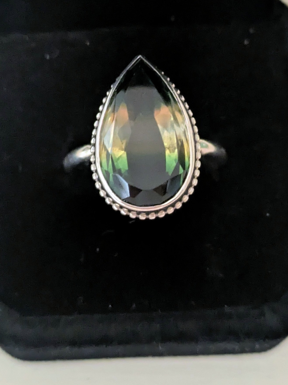 Silver Teardrop Mystic Green Solitaire Ring